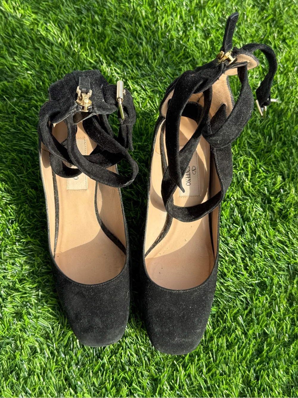 Valentino Garavani Black Suede Ankle-Tie Heels with Gold Buckle
